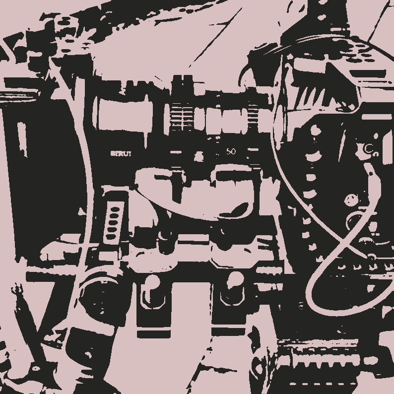 Screenprint of a cinema camera rig - lens with geared focus and iris rings and two lens motors.