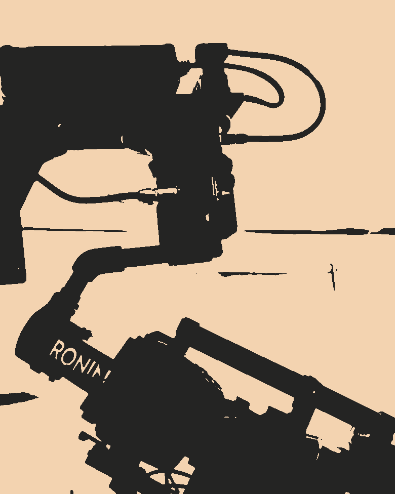 Screenprint of a camera rig on a jib arm - gimbal, cinema camera and lens motor.