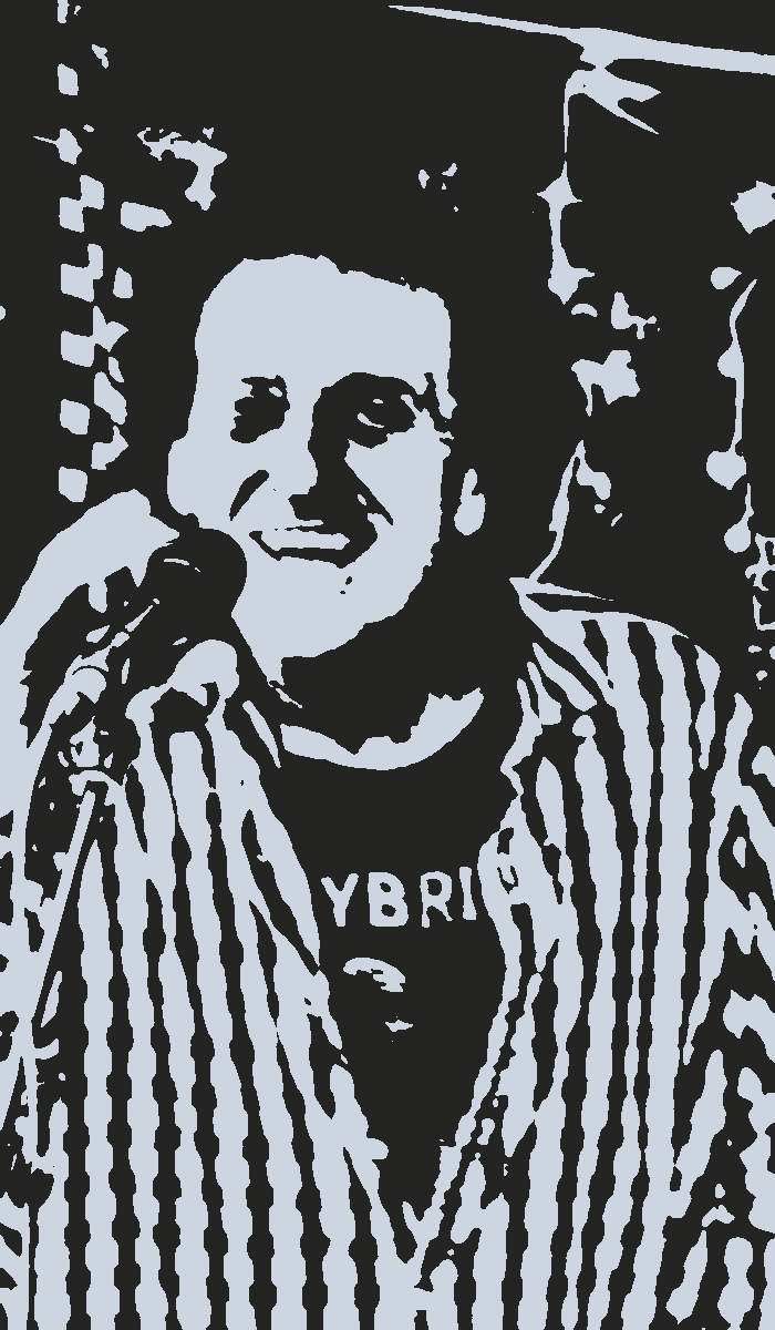 Screenprint treatment of a photograph from a Peak Film shoot - a singer at a microphone, live.