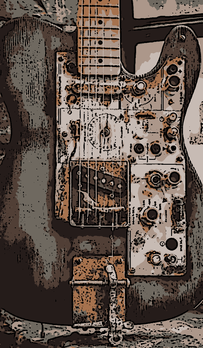 A custom Telecaster-style guitar built around a Soviet-era instrument panel, in a posterised treatment.