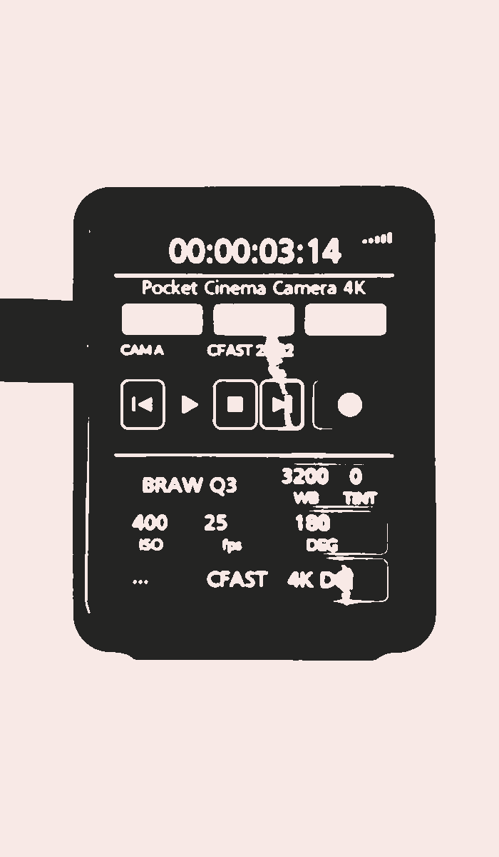 The pfGlass camera control screen in a screenprint treatment - timecode, transport controls and camera settings for a Pocket Cinema Camera 4K.
