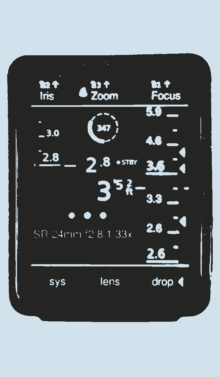 The PF Glass handset screen in a screenprint treatment - iris, zoom and focus columns with lens data.