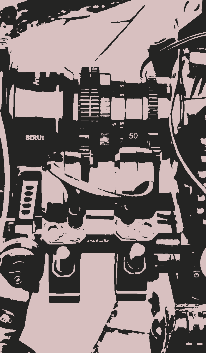 Screenprint of a cinema camera rig - a lens with geared focus and iris rings, driven by two lens motors on rods.