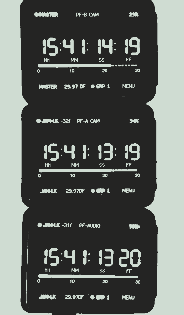 Three pfGlass Timepiece units in a screenprint treatment, one master and two jam-locked, all reading 15:41 at 29.97 drop frame.